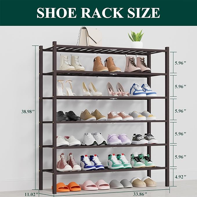 Smiry Shoe Rack, 6 Tier Thick Long Bamboo Shoe Organizer, Stackable Free Standing Wooden Shoe Storage Shelf for Closet, Entryway, Front Door Entrance, Brown