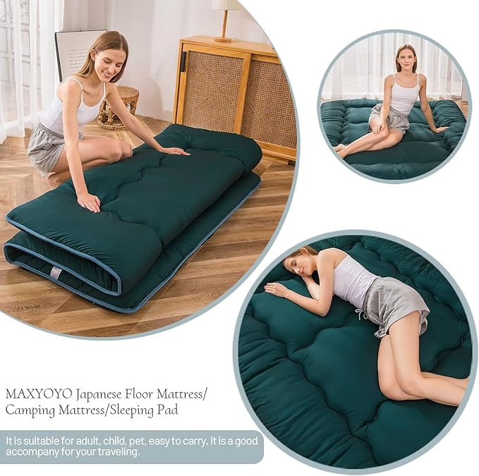 MAXYOYO Japanese Floor Mattress Futon Mattress, Thicken Sleeping Pad Foldable Roll Up Floor Futon for Adults Tatami Mat Dormitory Lounger, Dark Green, Twin Size