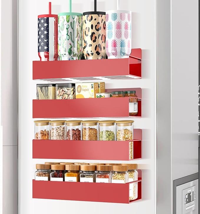 SMRCAD Magnetic Spice Rack for Refrigerator Seasoning Organizer for Spice Fridge Shelf storage Magnetic Shelf with Hook for Oven (RED, 4pack)