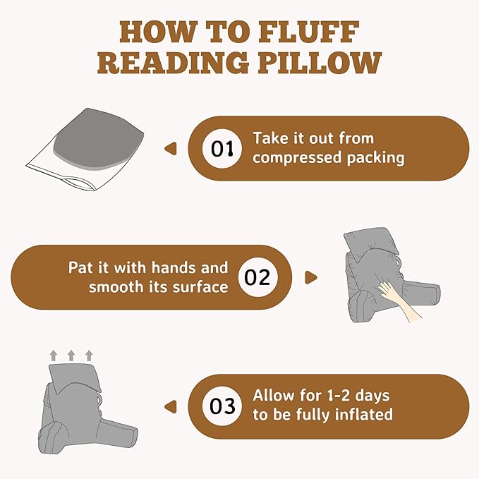 Unisakey Portable Reading Pillows with Headrest for Bed Sitting Up(Camel Oeko-Tex), Velvet Back Pillow with Arms & Pockets for Adults, Support Memory Foam Bed Pillow for Dorm/Reading/Watching/Gaming