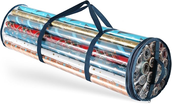 Hearth & Harbor Clear Wrapping Paper Storage Container - Gift Wrapping Organizer Storage Fits 40" Rolls - Tear Proof Gift Wrapping Organizer Storage - Blue