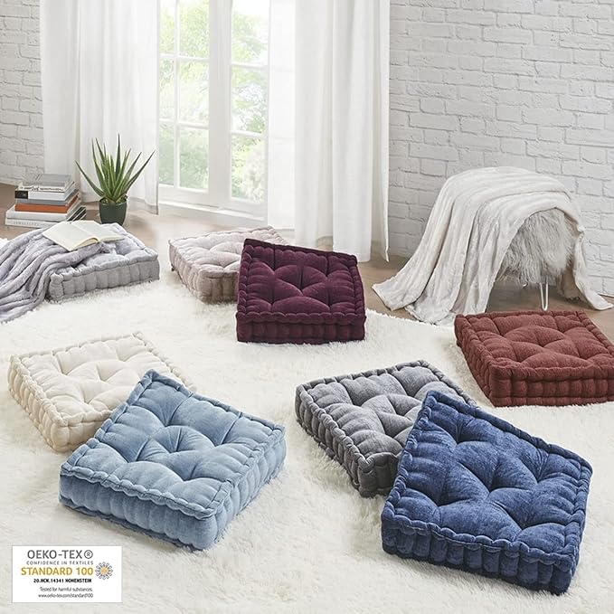 Intelligent Design Azza Floor Pillow, Large Cushions Sitting for Adults, Floor Pillow for Meditation or Yoga, Lustrous Chenille Tufted with Scalloped Edges for Bench/Chair Cushion, 20"x20"x5" Ivory