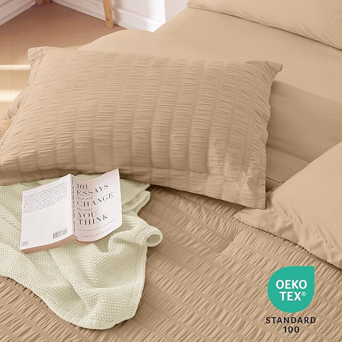 MUXHOMO 5 Pieces Twin XL Comforter Set, Seersucker Bed in a Bag Twin XL Size, All Season Luxury Bedding Set with Comforter, Flat Sheet, Fitted Sheet, Pillowcase & Sham, Khaki