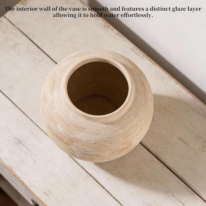 Large Rustic Ribbed Vase Home Decor - 8.8 in Ceramic Vintage Farmhouse Vases for Decor, Decorative Terracotta Round Bowl vase for Living Room, Table, Shelf, Kichen Décor