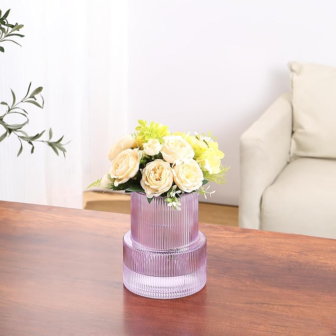 Ribbed Glass Vase, Flower Vase, Fluted Purple Vases for Flowers, Modern Vases for Living Room, Dining Table, Entryway, Shelf, Wedding, Office, Coffee Table, Birthday, 7.5 Inches