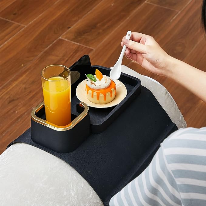 1 Pc Couch Cup Holder Tray Silicone Anti-Spill Anti Slip Sofa Armrest Drink Holder Weighted Couch Caddy Recliner Arm Table for Remote Controls, Phones, Cups and Snacks (Black)