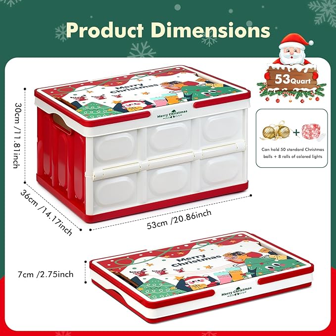 Storage Box 50L 2 Pack, Foldable Storage Box with Wood Lid & Handles, Includes Christmas Stickers for DIY, Multifunctional Wood Top for Holiday Decor, Gift & Christmas Home Organization