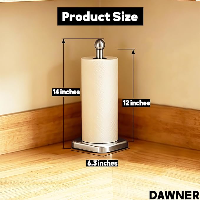 DAWNER Secure Grip Paper Towel Holder Countertop, Easy to Tear with One-Hand, Stainless Steel Paper Towel Stand, Dual-Weighted Suction Base for Kitchen & Bathroom