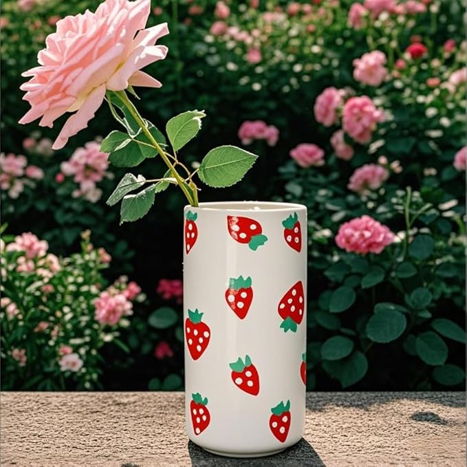 MOUGIGI Strawberry Ceramic Vase-Unique Aesthetic Design for Funky Flower Decor-Perfect Summer Fruit Theme Table Centerpiece-Ideal Gift for Parties and Special Occasions-Stylish Durable Home Decoration