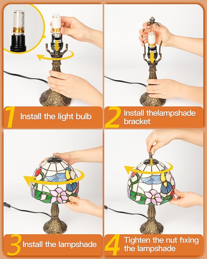 Hummingbird Tiffany Style Table Lamp with LED Bulb, 8 Inch Handmade Stained Glass Light, Antique Desk & Bedside Lamp for Living Room, Bedroom, Study Office