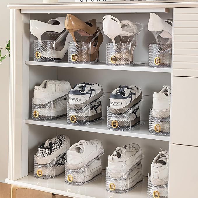 Shoe Slot Organizer 10 Pack - Shoe Slots,Can Save 50% of Shoe Stackers Space,Adjustable Shoe Stacking Device, Double-Layer Design for Shoe Slots Organizer for Closet. (Clear, 10 Pack)