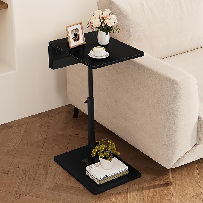 Vagusicc Sofa Armrest Tray Table for Couch, 360° Swivel Height Adjustable TV Tray Table for Small Spaces, Snack Side Table for Couch, Bed, Chair, C Shaped End Side Table for Eating, Reading, Laptop