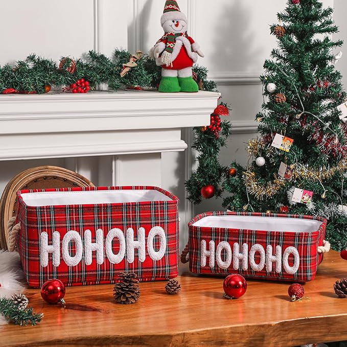 Christmas Gifts Baskets Empty Farmhouse Ornament Box Gift Storage Canvas Organizer Bin for Holiday Storage Organizing Xmas Gifts Baskets for Nursery/Living room, Kids Toy Chest, Large