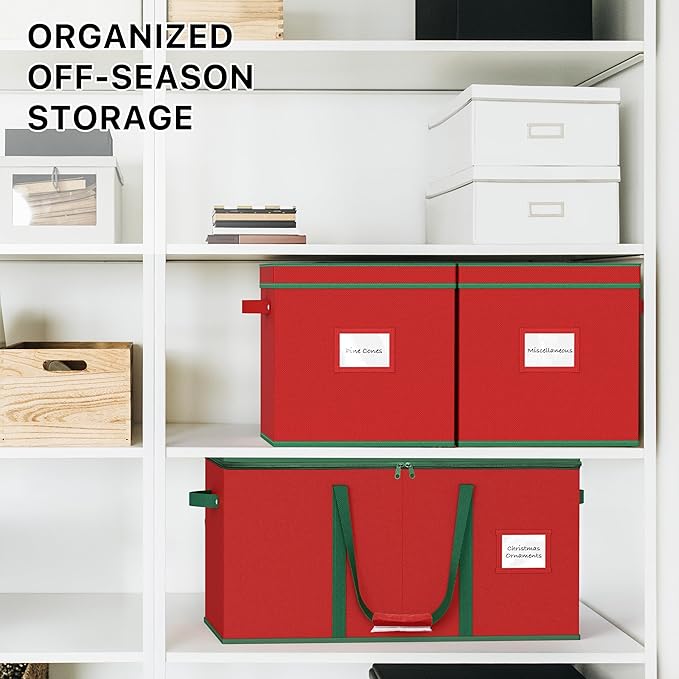 Simple Houseware Heavy-Duty Christmas Ornament Storage Box with Adjustable Dividers, Stores up to 64 Ornaments, Reinforced Base, Red