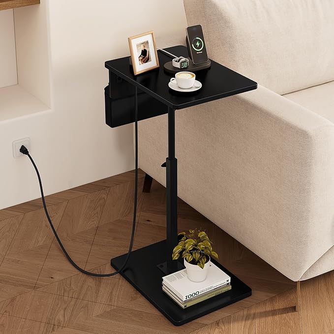 Vagusicc Sofa Armrest Tray Table for Couch - 360° Swivel Height Adjustable Side Table for Small Spaces, Snack Side Table for Bed or Chair, C Shaped End Table Snack Table for Eating Dinner Laptop