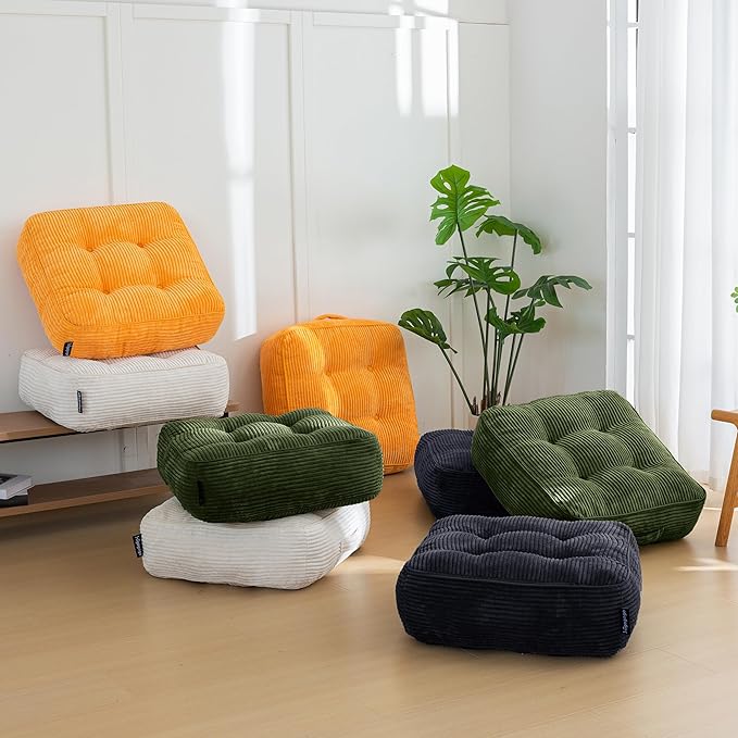 HIGOGOGO 8" Extra Thick Floor Pillow Cushion for Adults, Meditation Cushion Pillow, Large Square Floor Sitting, Tufted Corduroy Cover, for Tatami Living Room or Yoga, 22x22 Inch, 2Pack, Dark Green