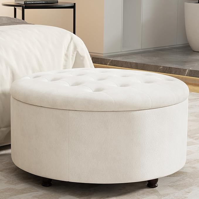 30 Inch Round Storage Ottoman,Modern Tufted Ottomans,Circular Coffee Table with Removable Top,Upholstered Large Ottoman with Storage Footrest Stool for Bedroom Living Room (White)