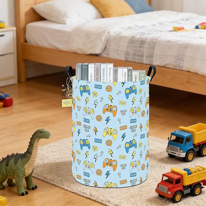 HUNRUNG Collapsible Fabric Storage Basket, Waterproof Laundry Hamper with Handles, Round Storage Bin for Clothes Toys, Foldable Organizer for Bedroom Nursery Bathroom(Round-Color Game)