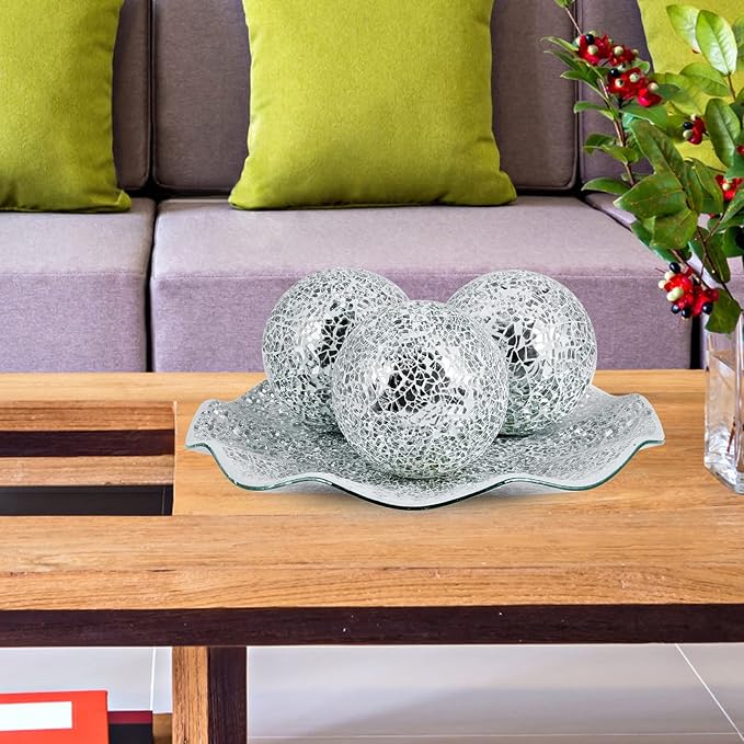 MDLUU Centerpiece Bowl and Balls Set, Mosaic Tray with 3 Pieces Spheres, 12" Decorative Plate with 4" Mosaic Orbs for Home Decor, Gift (Silver)