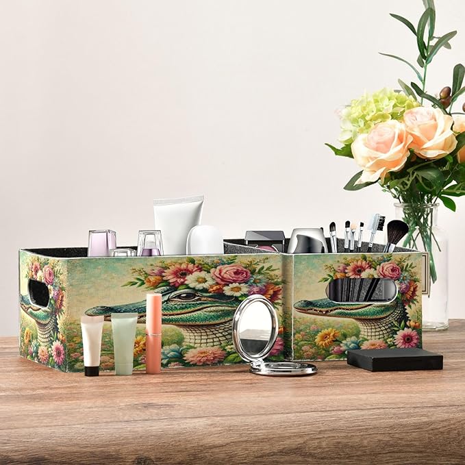 Crocodile Flower Wreath Storage Bins Cubes Basket Foldable Cube Storage Bin Box Fabric Cube Organizer Clothes Basket Laundry Baskets for Bathroom Bedroom Car Office Set of 2