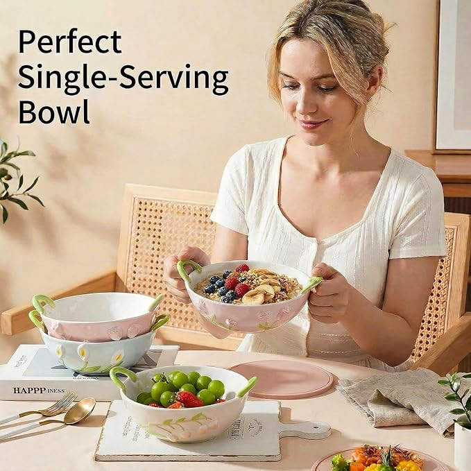 Ceramic Fruit Bowl with Handles, 3D Hand-Painted Lily of the Valley Floral Design Serving Bowl for Soup, Pasta, Salad and Snacks, 24oz, Microwave & Dishwasher Safe