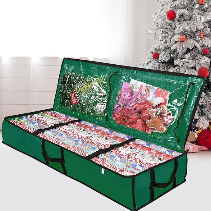 ProPik Wrapping Paper Storage Containers | Gift Wrap Organizer Under Bed 41”x14”x6” Fits 18-24 Rolls Fit Up to 40” Long Roll Wrap Storage Box Holder with Pockets for Ribbon Bows Etc (Green)