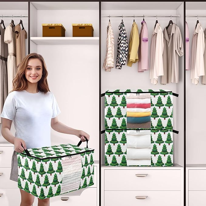 Burbuja Christmas Tree Clothes Storage Bag with Lids and Handle, 2 Pack Foldable Blanket Storage Container with Sturdy Zipper & Clear Window for Bedroom Closet, 60L