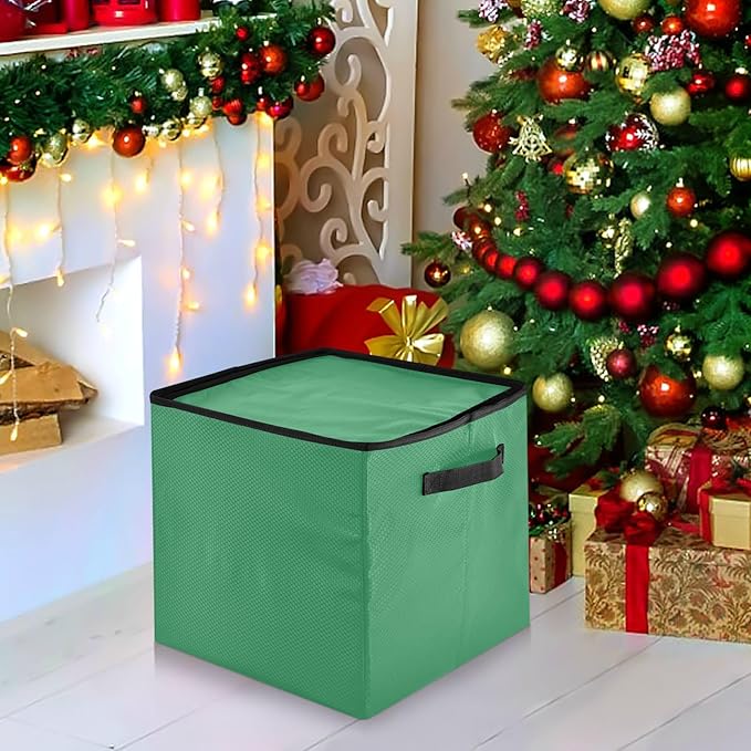 Green Christmas Ornament Storage Basket Box Holiday Storage Container Cube with Adjustable Dividers for 64 Holiday Ornaments or Decorations Keeps Clean and Dry for Next Season