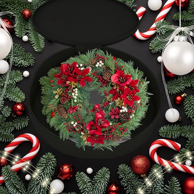 Christmas Wreath Storage Bag,Collapsible Felt Holiday Garland Container with Zipper & Handle, Durable Wreath Organizer Bin for Seasonal Decor Storage 20 x 12 (Black, 12 x 20)