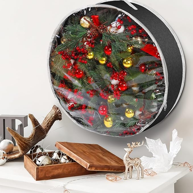 Aliceset 4 Pack Wreath Storage Containers, Ornament Garland Wreath Storage Bags with Handle Zipper Decorative Storages Box for Winter Valentine Wreaths(24 x 24 x 7.8 Inch,Black)