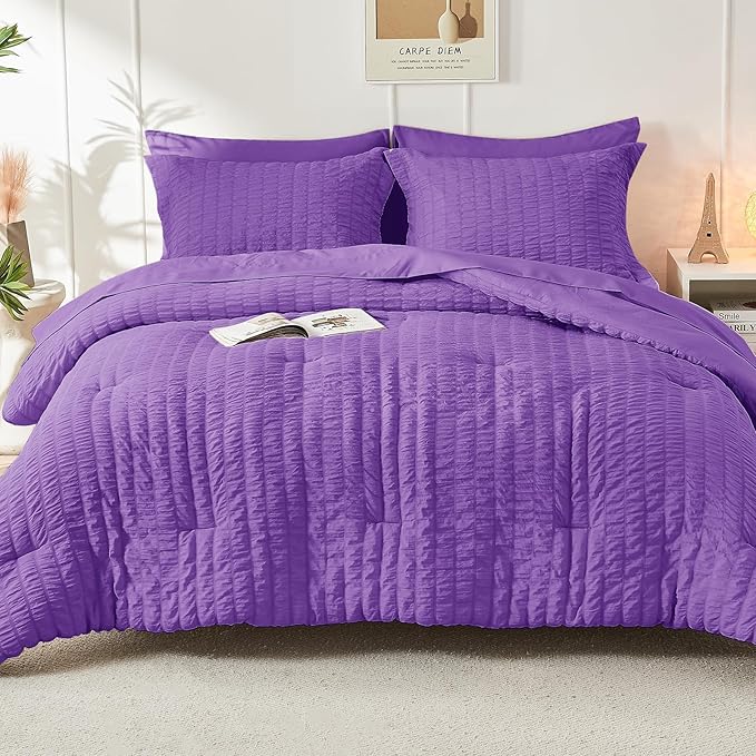 HYMOKEGE Bright Purple King Size Comforter Set Seersucker 7 Pieces, All Season Luxury Bed in a Bag for Bedroom, Bedding Set with Comforter, Sheets, Pillowcases & Shams