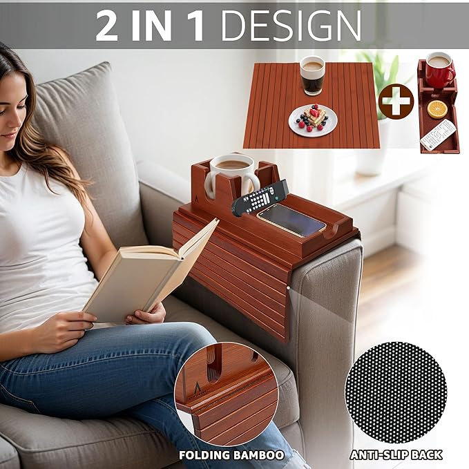 Brown Bamboo Couch Arm Tray with Non-Slip Mats, Slide-Away Upper Tray, Adjustable Fit for Various Sofa Armrests โ Ideal for Snacks, Drinks, Remotes and Electronics (Brown)