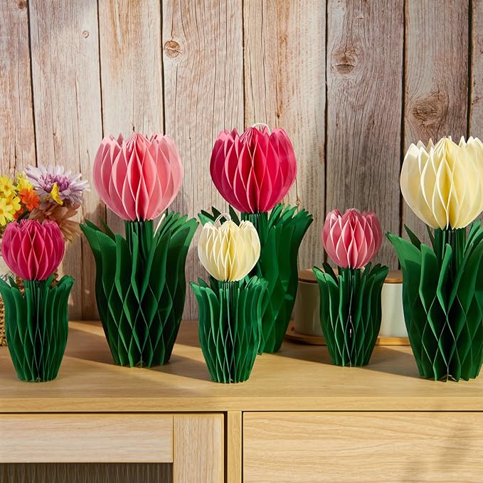 8 Pcs Tulip Honeycomb Decorations, Spring Decorations for Office, Spring Table Decor, Tulip Party Decorations, Spring Centerpieces for Tables for Mothers Day Spring Party, Womens Day