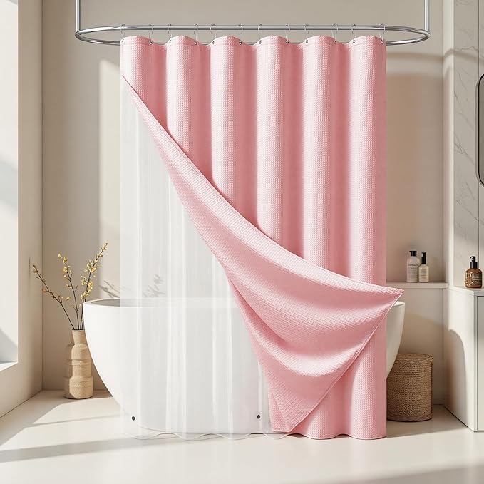 Dynamene Pink Shower Curtain and Liner Set, Waffle Weave Fabric, Waterproof Clear Liner, 256GSM Heavy Duty Weighted Hotel Luxury Cloth Shower Curtains for Bathroom with 12 Plastic Hooks, 72Wx72H