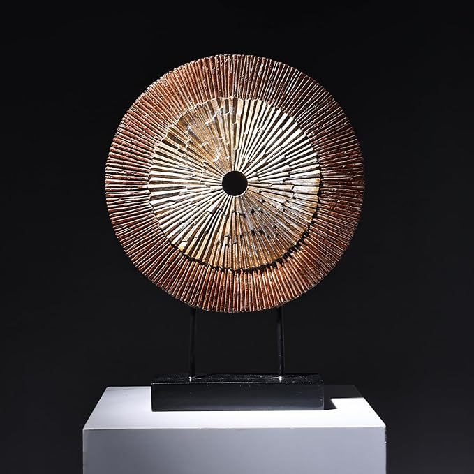 12" Tall Abstract Brown Gold Round Sculpture - Unique Wood Color Home Decoration for Above Cupboard Decor, Living Room Coffee Table, Console, Office, Entrance, Table Centerpieces (Brown Gold)