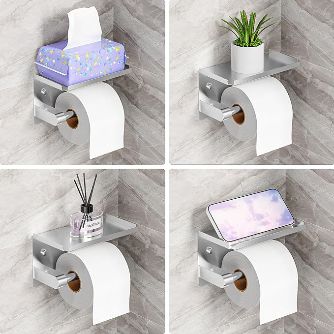 Matte Silver Toilet Paper Holder with Shelf, Wall Mount, Rustproof Stainless Steel, Fits Double Rolls, No-Drill Adhesive or Screw Mount for Bathroom, Kitchen, RV