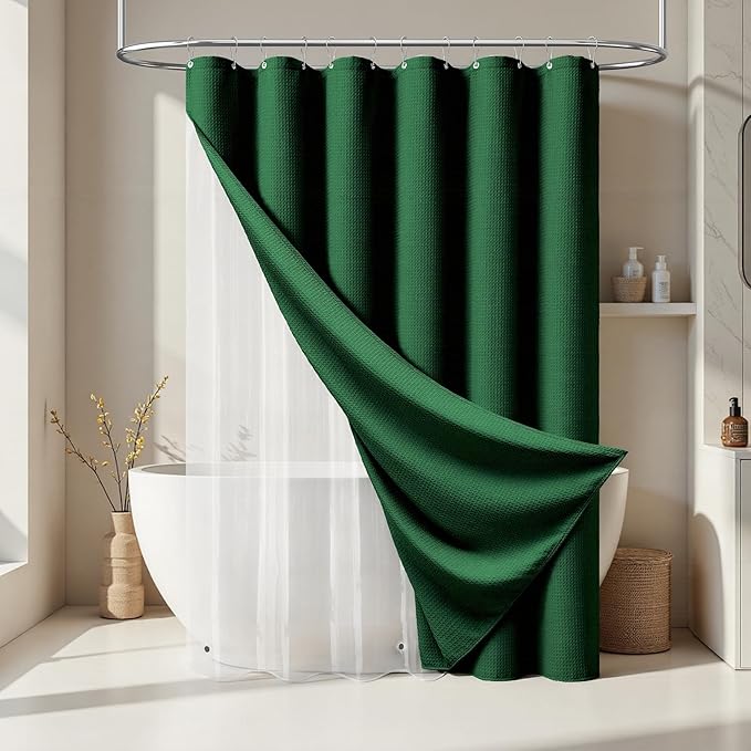 Dynamene Long Shower Curtain and Liner Set - 78 inch Tall Waffle Fabric, Waterproof Clear Liner, Heavy Duty Weighted Hotel Luxury Shower Curtains for Bathroom with 12 Hooks, 72x78, Dark Green
