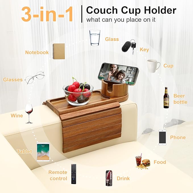 Couch Cup Holder, Acacia Wood Couch Arm Tray with 360° Rotating Cup Holder,Foldable Anti-Slip Sofa Arm Chair Tray for Eating Snack Drink Side Table