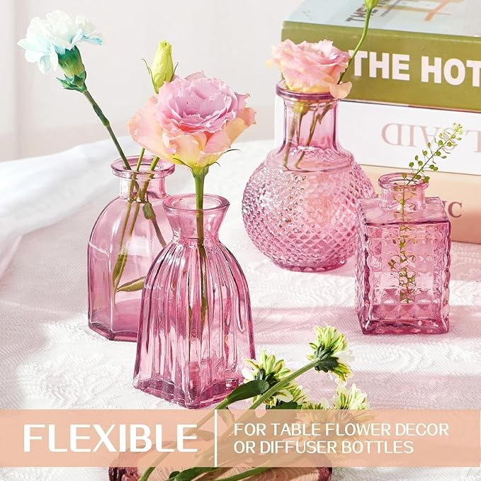 24PCS Mini Bud Vases As Wedding Centerpieces for Tables,Clear Bud Vases for Flowers,Small Flower Vases Suitable for Birthday Party,Anniversary,Wedding Reception,Baby Shower (Pink, 24PCS)