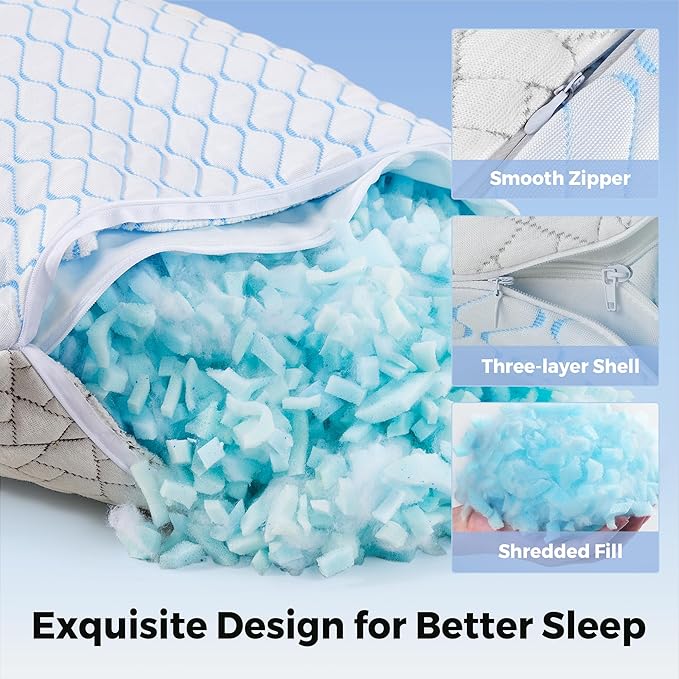 puredown® Pillows Queen Size Set of 2, Shredded Memory Foam Pillows, Cooling Foam Pillow for Sleeping, Soft Bed Pillow Queen Size with Adjustable Foam for Side, Back and Stomach Sleepers