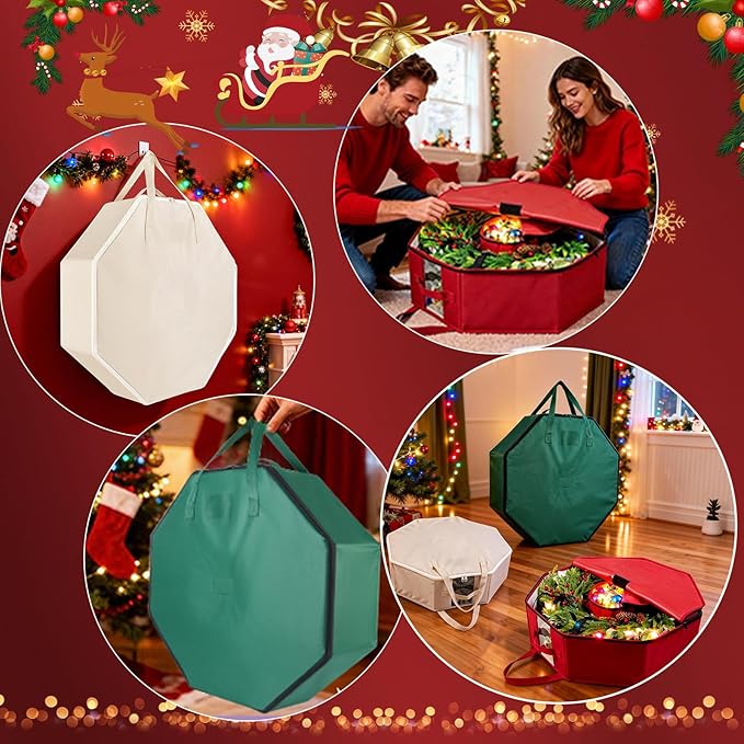 BrilliantJo Wreath Storage Hard Shell Christmas Decorations Case Bag with Interior Pockets 600D Oxford Fabric 24 Inch Xmas Container Box for Holiday Zipper and Handles Labeling Card Slot Houndstooth