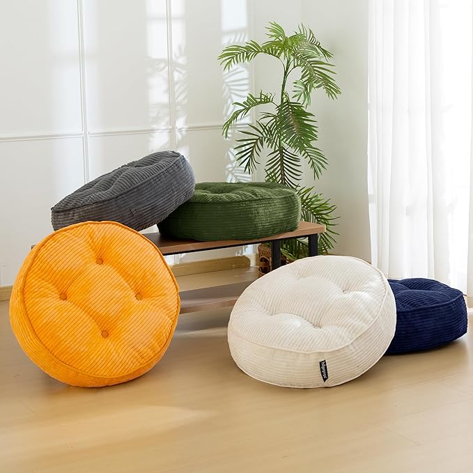 HIGOGOGO 6" Extra Thick Floor Pillow Cushion for Adults, Meditation Cushion Pillow, Large Round Floor Sitting, Tufted Corduroy Cover, for Tatami Living Room or Yoga, 22x22 Inch, Beige