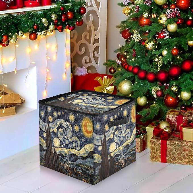 Kigai Van Gogh's Starry Sky Christmas Ornament Storage Box with Zipper & Adjustable Dividers Holiday Ornament Organizer Xmas Storage Container, 64 Balls