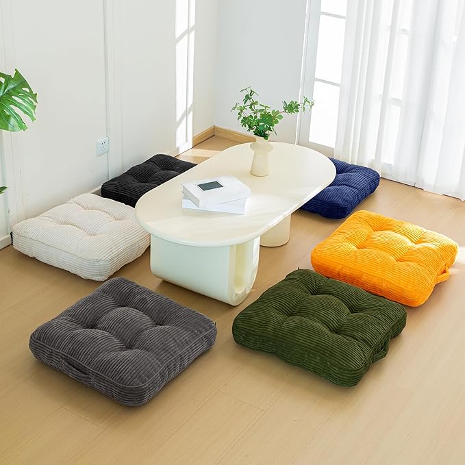 HIGOGOGO Floor Pillow Cushion for Adults, Meditation Cushion Pillow, Large Square Floor Sitting, Tufted Corduroy Cover, for Tatami Living Room or Yoga, 22x22 Inch, 2Pack, Dark Green