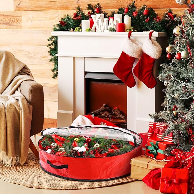 Aliceset 4 Pack Wreath Storage Containers, Ornament Garland Wreath Storage Bags with Handle Zipper Decorative Storages Box for Winter Valentine Wreaths(36 x 36 x 7.8 Inch,Red)