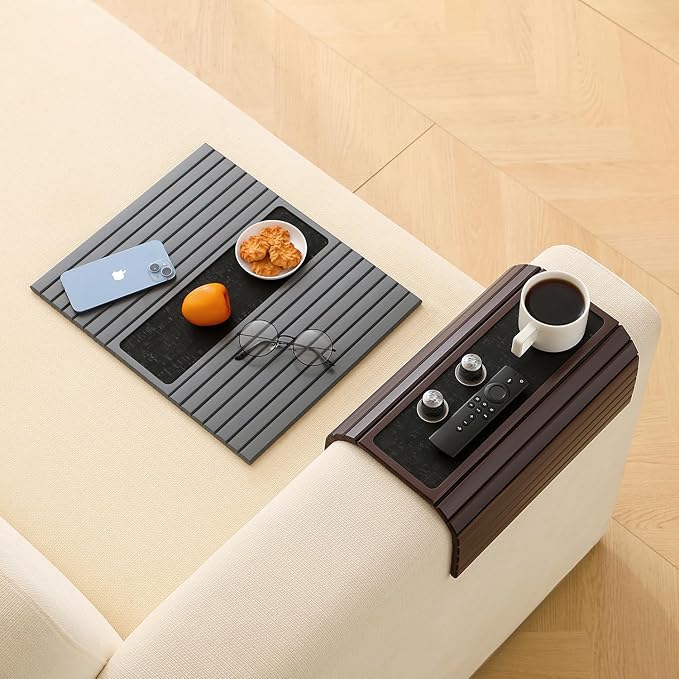 Bamboo Couch Arm Tray Table with Anti-Slip Cork Pad,Foldable Sofa Armrest Tray Table for Couch,Flexible Couch Arm Cup Holder,Portable Sofa Arm Chair Table for Drink, Snacks, Phone, Remote (Mahogany)
