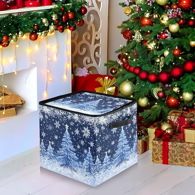White Blue Snowflake Christmas Ornament Storage Basket Box Xmas Tree Winter Holiday Storage Container Cube with Adjustable Dividers for 64 Holiday Ornaments or Decorations Keeps Clean and Dry