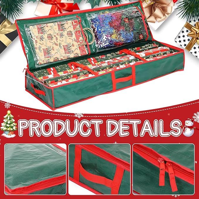 Christmas Wrapping Paper Storage, Oxford Fabric Festive Holiday Wrapping Paper Storage Bin for Living Room, Bedroom, Closet, Rolls, Ribbons, Bow, Organizer