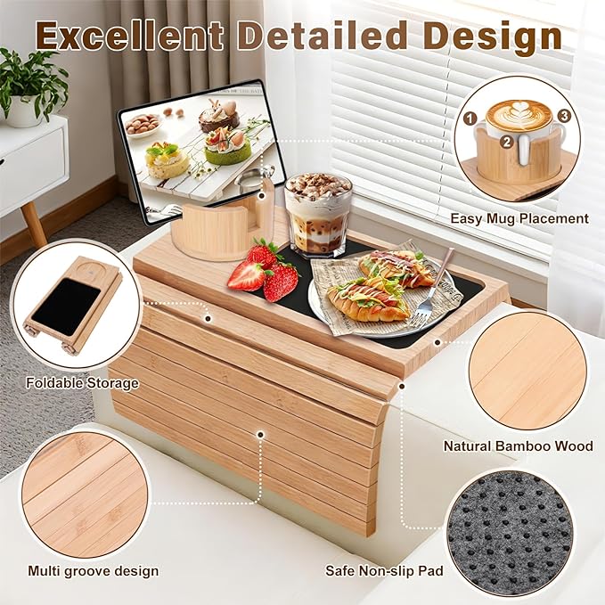Couch Cup Holder Tray, 3-in-1 Bamboo Couch Armrest Table with 360° Rotating Magnetic and Detachable Phone Holder Stand, Foldable Anti-Slip Sofa Arm Tray for Remote, Phone, Snacks and Drinks