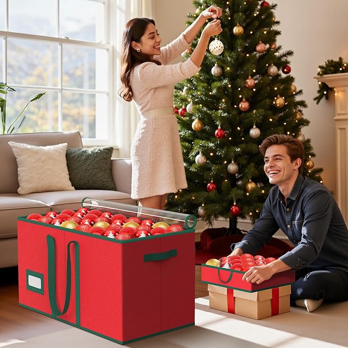 Christmas Ornament Storage Box Store 128 Ornaments, Xmas Ornament Organizer Storage box with Dual Zipper Closure and Adjustable Dividers, Large Holiday Decorations Containers with 8 Individual Trays